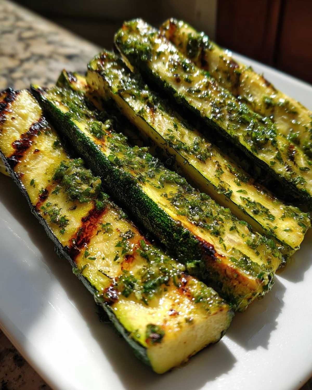 Close-up of perfectly Grilled Zucchini with Lemon Herb Marinade slices on a white plate.