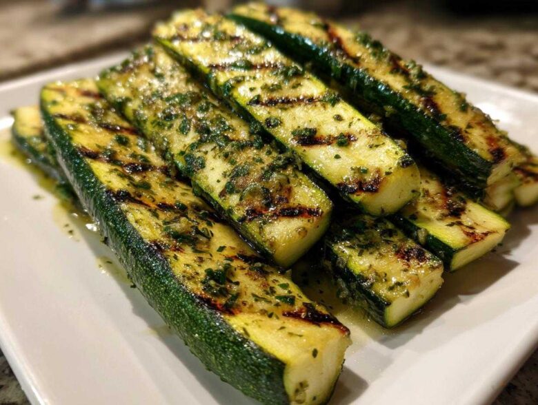 Plump slices of Grilled Zucchini with Lemon Herb Marinade showing distinct char marks, piled on a white serving dish.