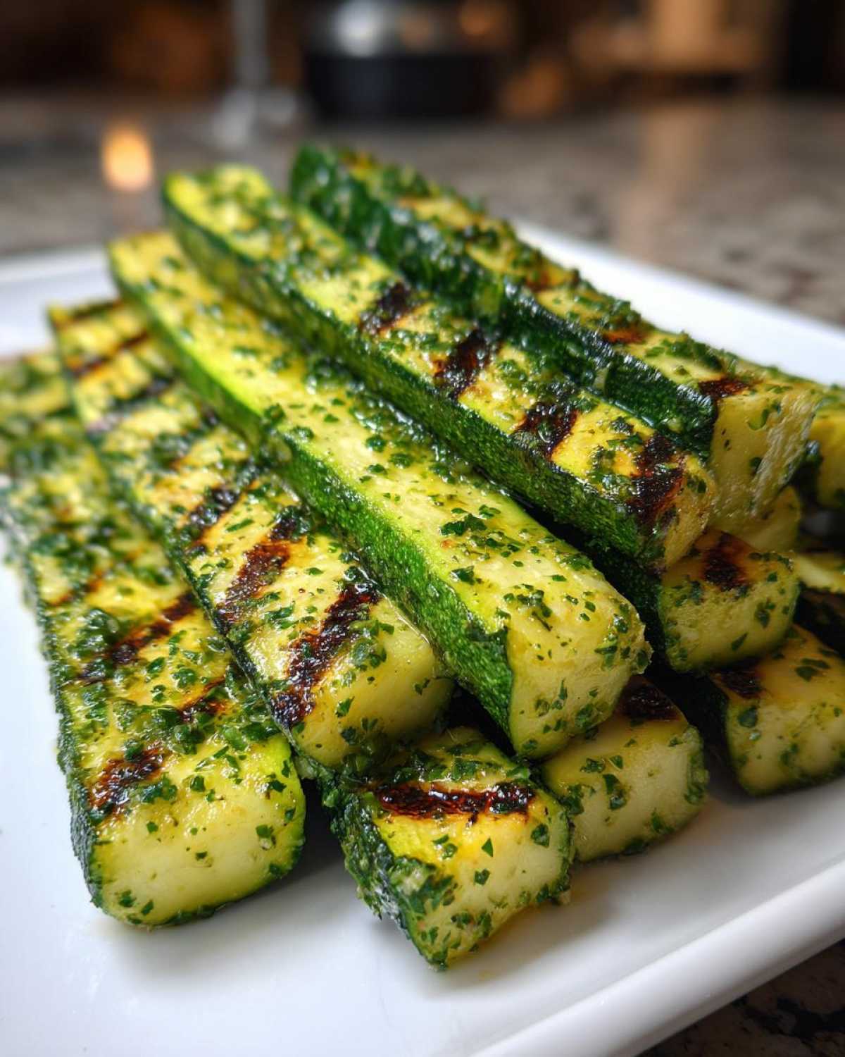 Close-up of perfectly cooked Grilled Zucchini with Lemon Herb Marinade, stacked on a white platter.