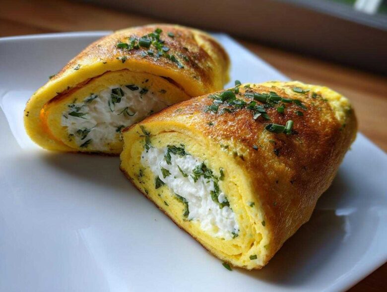 Two halves of a golden Herb Goat Cheese Omelet Roll filled with creamy white cheese and green herbs, garnished with chives.