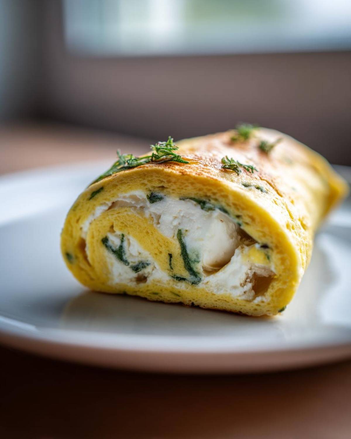 A cross-section view of a rolled omelet filled with creamy white goat cheese and green herbs, garnished on top.