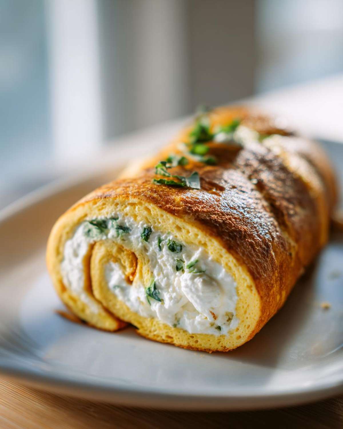 Close-up of a golden Herb Goat Cheese Omelet Roll sliced to show the creamy white filling and green herbs.