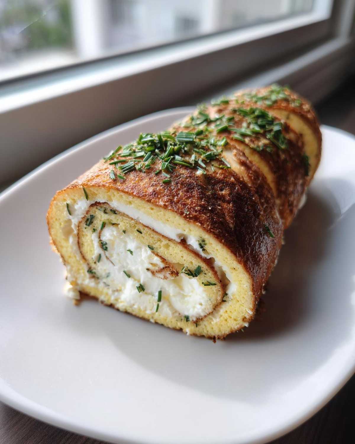 A sliced Herb Goat Cheese Omelet Roll, featuring a creamy filling and topped with fresh chopped chives.