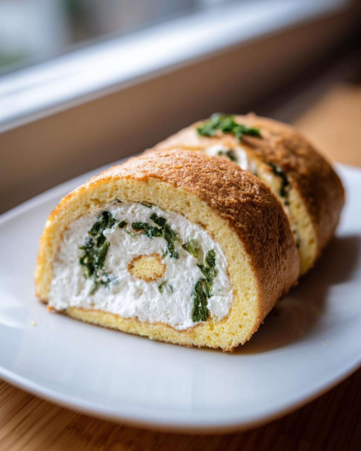 Two slices of a fluffy Herb Goat Cheese Omelet Roll filled with creamy white cheese and green herbs, served on a white plate.