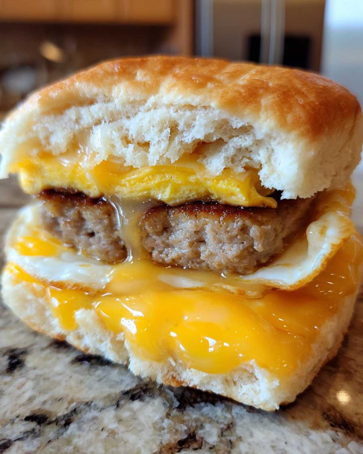 Close-up of a Honey Butter Biscuit Breakfast Sandwiches showing fluffy biscuit, sausage patty, fried egg, and melted cheese.
