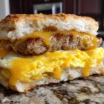 Close-up of a Honey Butter Biscuit Breakfast Sandwiches with sausage, egg, and melted cheese.