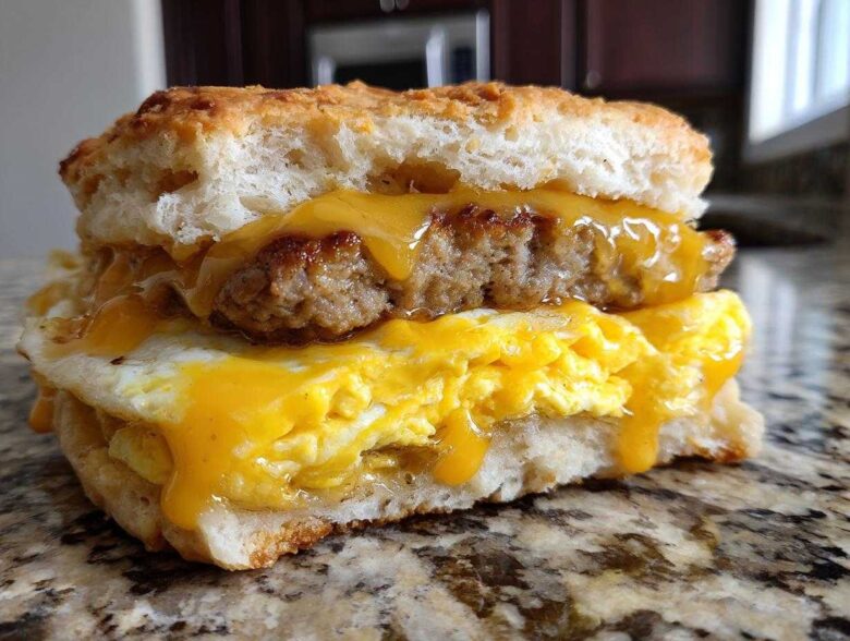 Close-up of a Honey Butter Biscuit Breakfast Sandwiches with sausage, egg, and melted cheese.