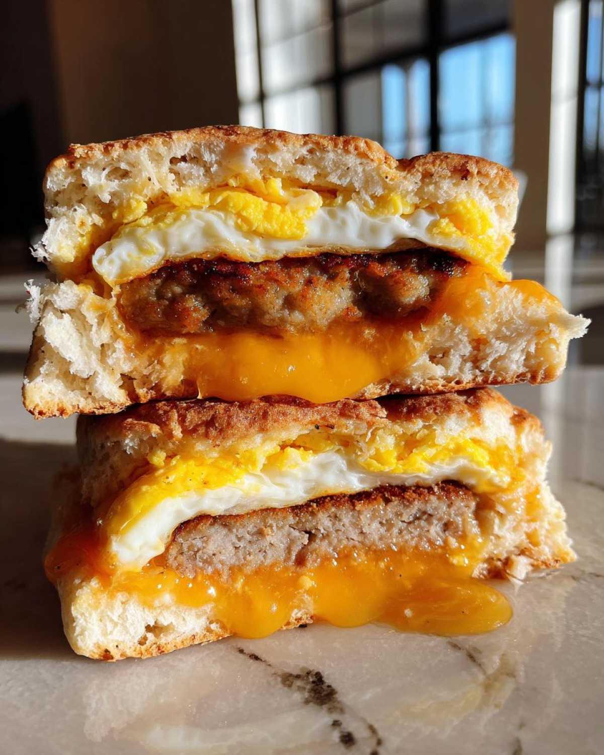 Close-up of two stacked Honey Butter Biscuit Breakfast Sandwiches cut in half, showing melted cheese, sausage, and egg.