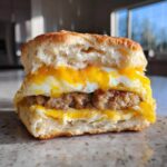 Close-up of a Honey Butter Biscuit Breakfast Sandwich cut in half, showing sausage, melted cheese, and egg.