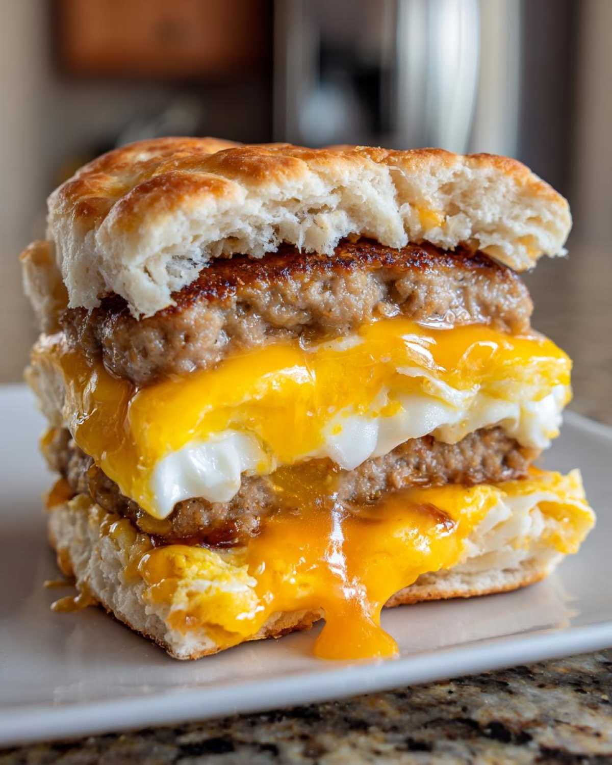Close-up of a tall Honey Butter Biscuit Breakfast Sandwiches stack with sausage, egg, and melted cheese.