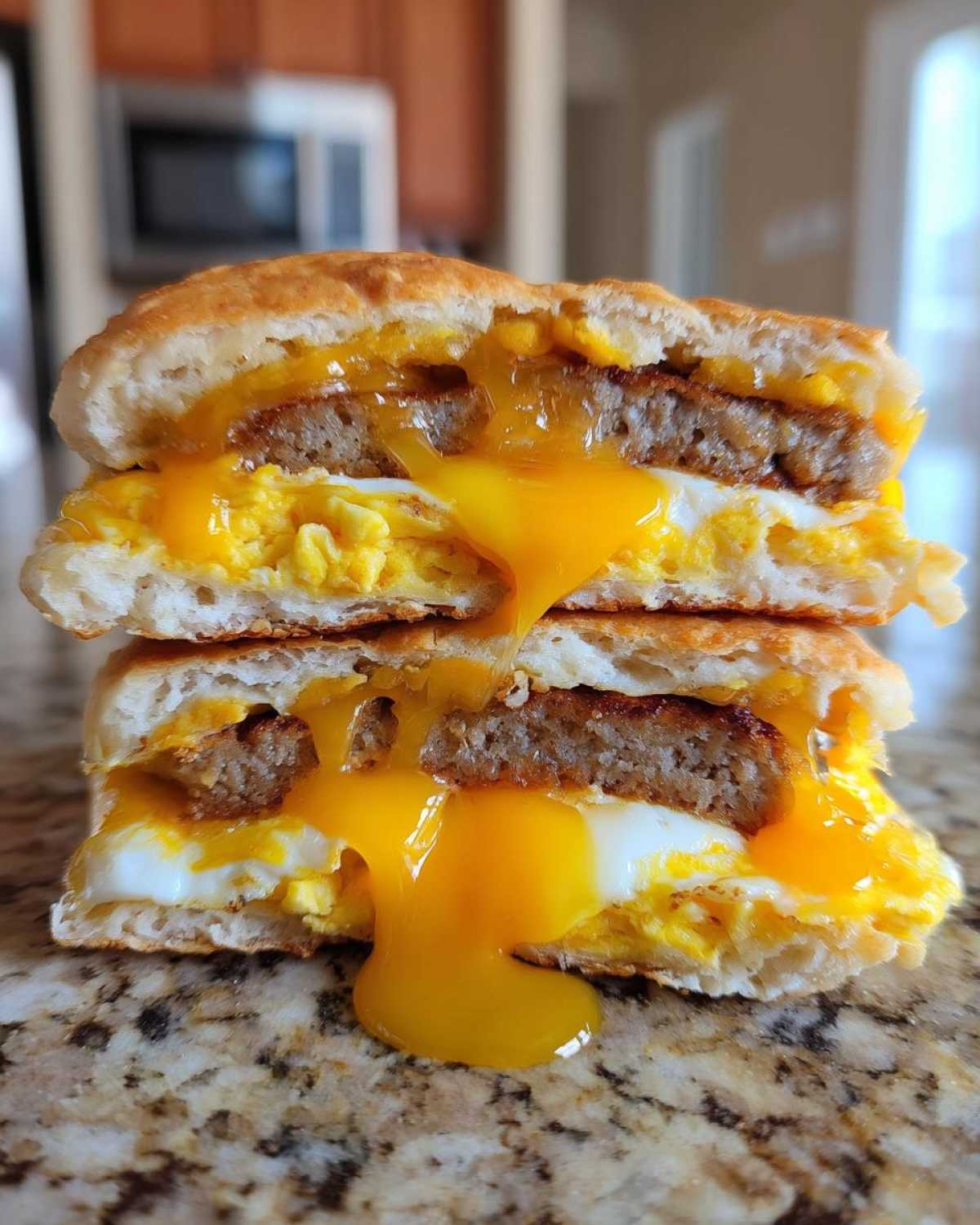 Close-up of two halves of a Honey Butter Biscuit Breakfast Sandwiches stacked, showing sausage, egg, and runny yolk dripping out.