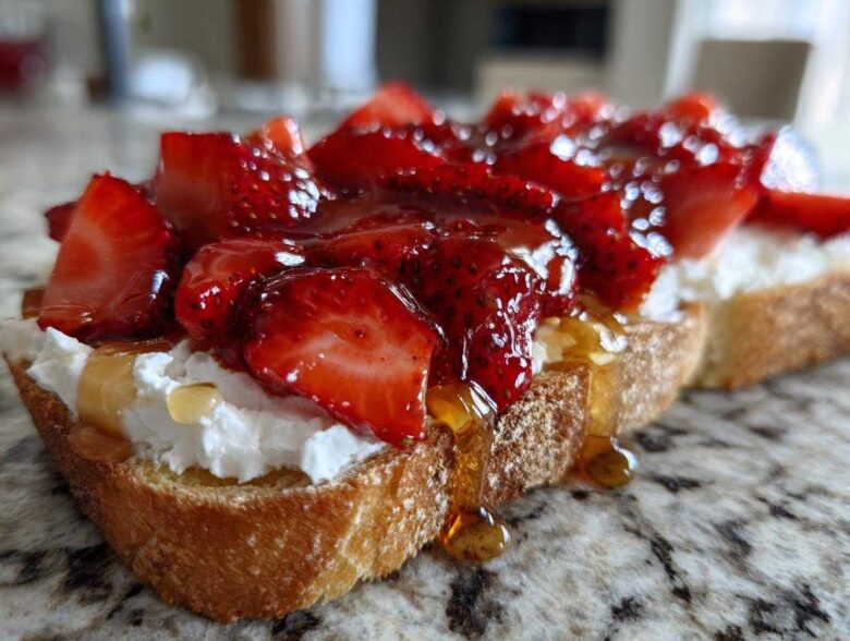 A close-up of Honey Strawberry Ricotta Toast featuring thick ricotta, sliced strawberries, and honey drizzling down the side.