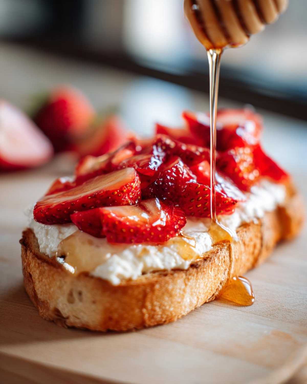 Close-up of Honey Strawberry Ricotta Toast as honey is drizzled over fresh strawberries and ricotta cheese on toasted bread.
