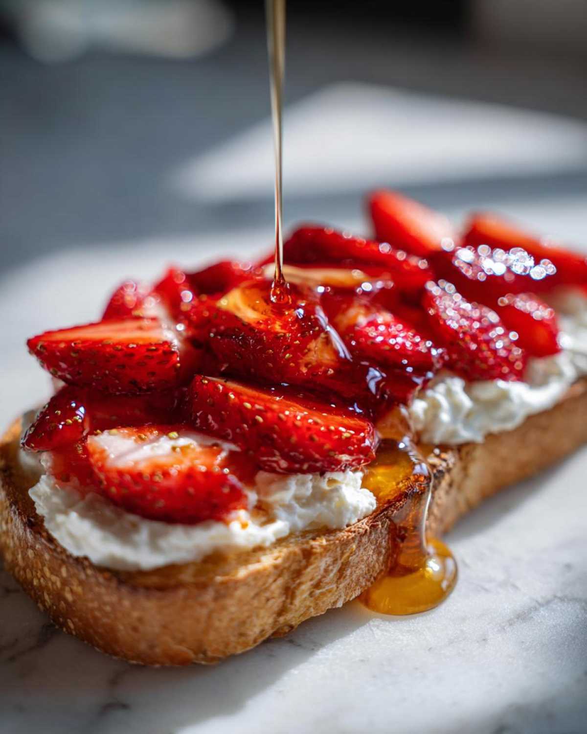 Close-up of Honey Strawberry Ricotta Toast with honey being drizzled over the fresh strawberries and creamy ricotta.