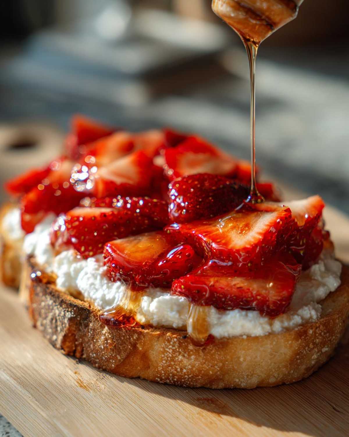 A close-up of Honey Strawberry Ricotta Toast being drizzled with honey from a dipper onto fresh strawberries and ricotta cheese on toasted bread.