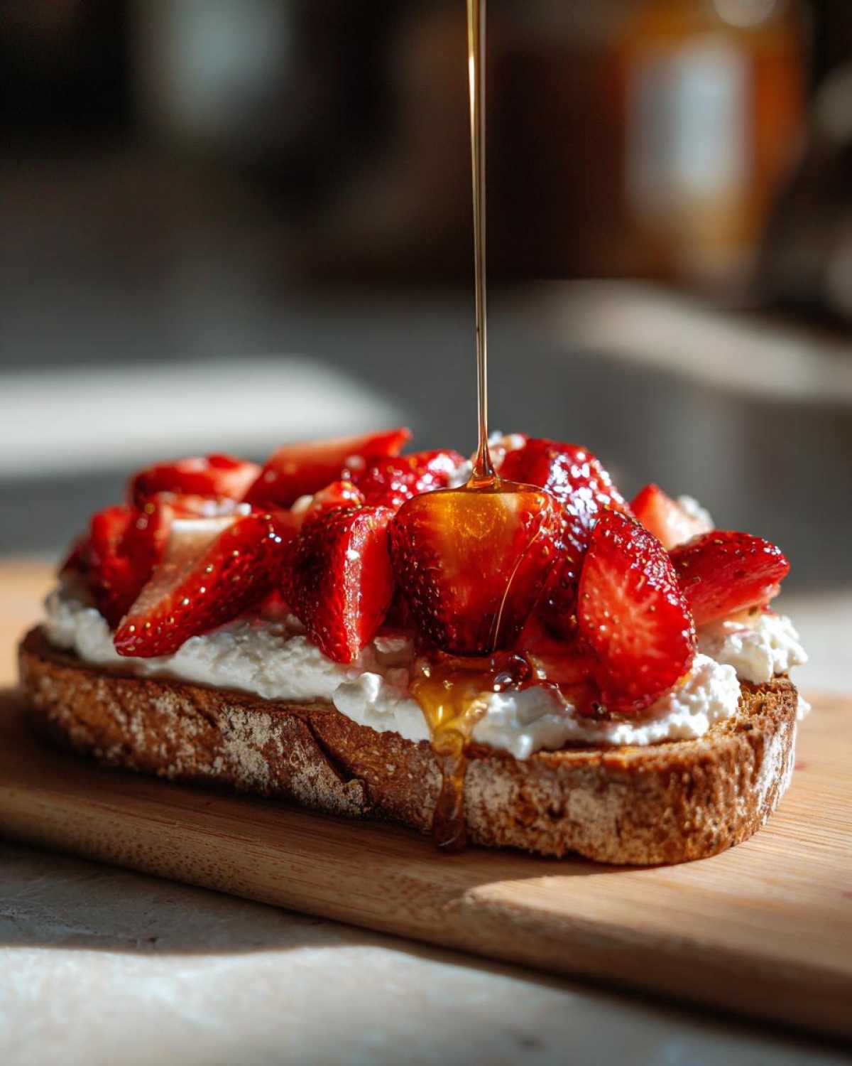 A slice of Honey Strawberry Ricotta Toast topped with fresh strawberries as honey is drizzled over the top.