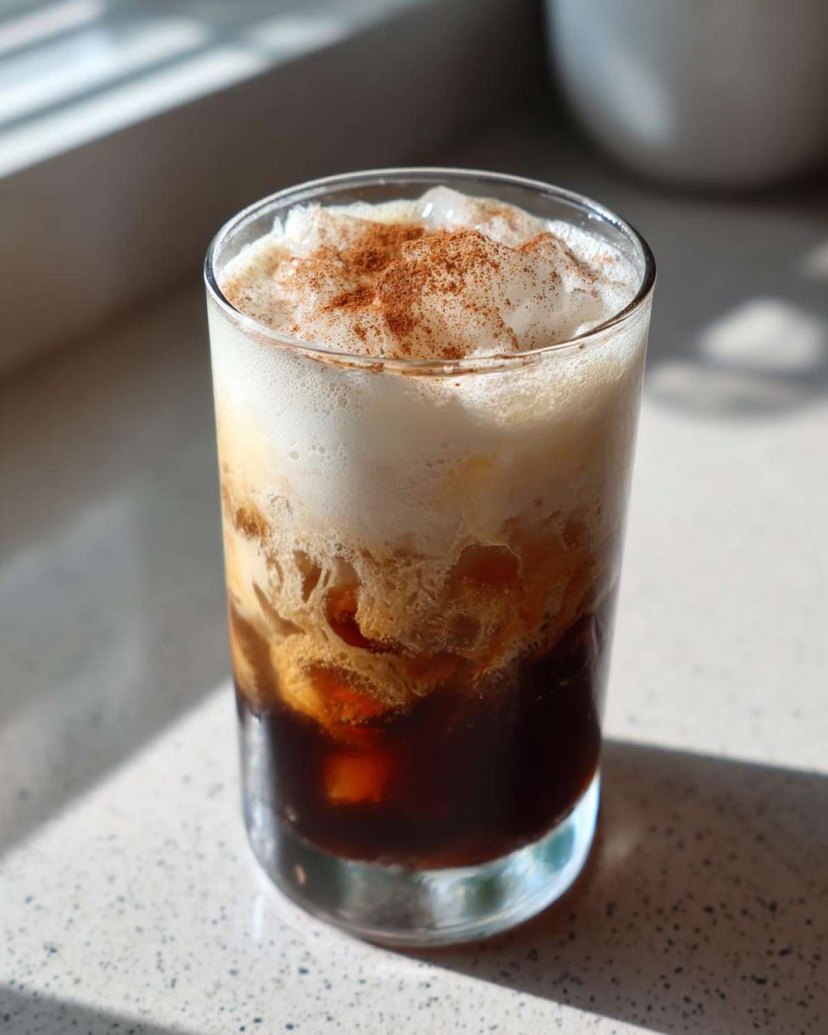 A tall glass filled with a layered Horchata Iced Coffee Refresher, topped with foam and cinnamon.