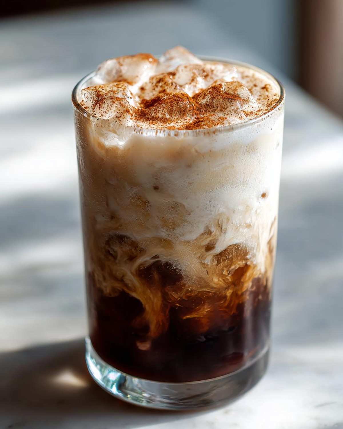 Close-up of a tall glass containing a layered Horchata Iced Coffee Refresher with ice and a dusting of cinnamon.