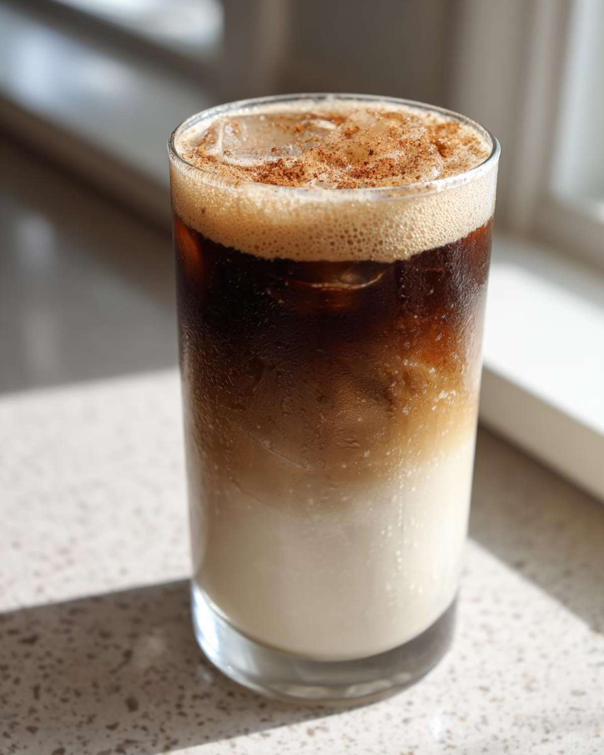 A tall glass of layered Horchata Iced Coffee Refresher topped with foam and cinnamon.
