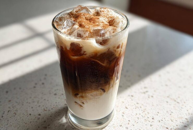 A tall glass of Horchata Iced Coffee Refresher layered with milk, dark coffee, ice, and topped with cinnamon.