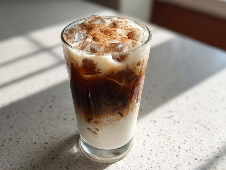 A tall glass of Horchata Iced Coffee Refresher layered with milk, dark coffee, ice, and topped with cinnamon.