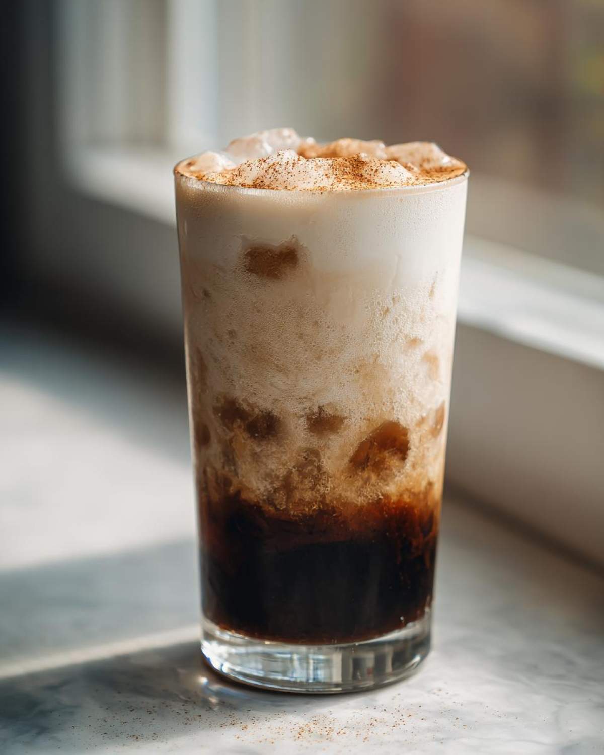 A tall glass of Horchata Iced Coffee Refresher with layered coffee, milk, and cinnamon dusting on top.