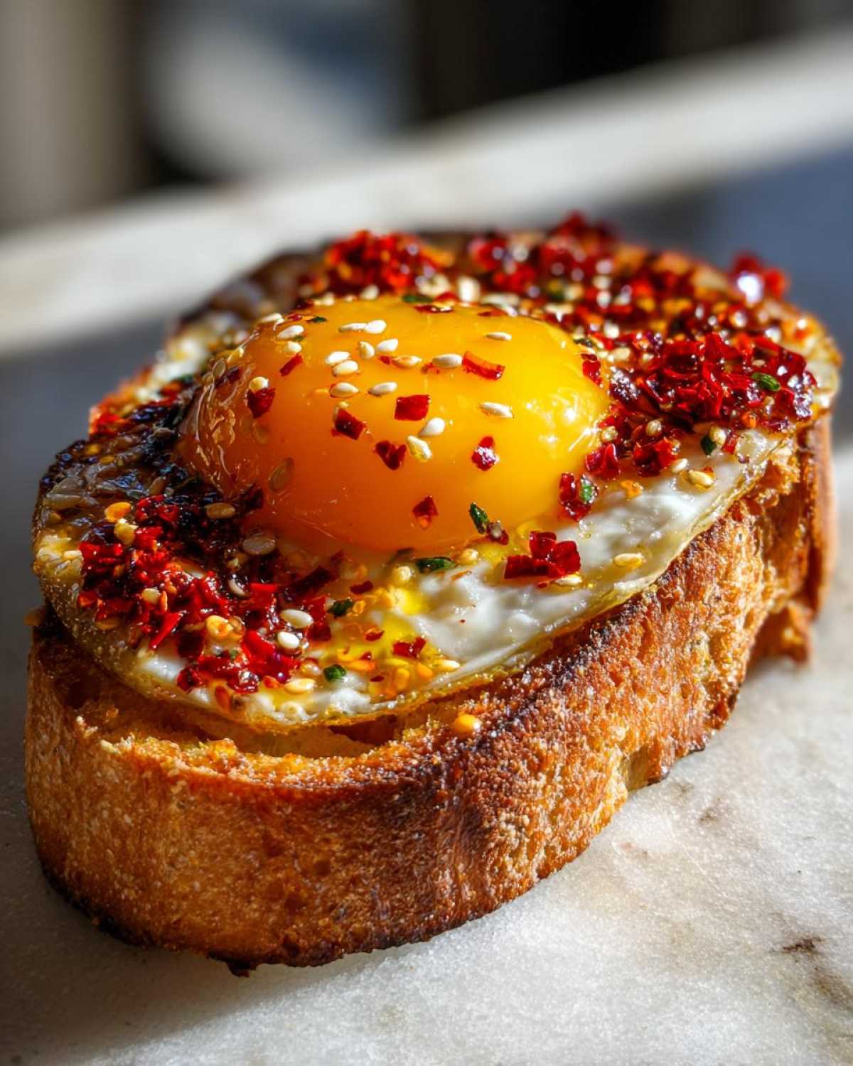 Close-up of Jammy Egg Toast with Chili Crisp, featuring a bright orange yolk and red chili flakes on toasted bread.