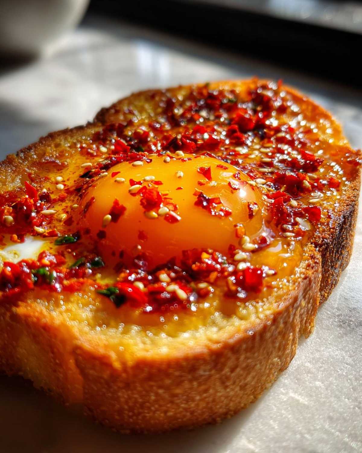 A close-up, bright photo of Jammy Egg Toast with Chili Crisp, featuring a runny yolk and red chili flakes on thick toast.