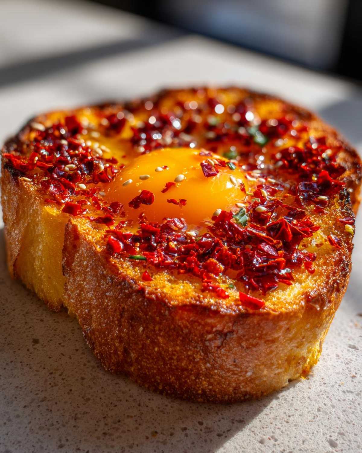 Close-up of Jammy Egg Toast with Chili Crisp, featuring a bright orange, runny yolk on golden toast covered in red chili flakes.