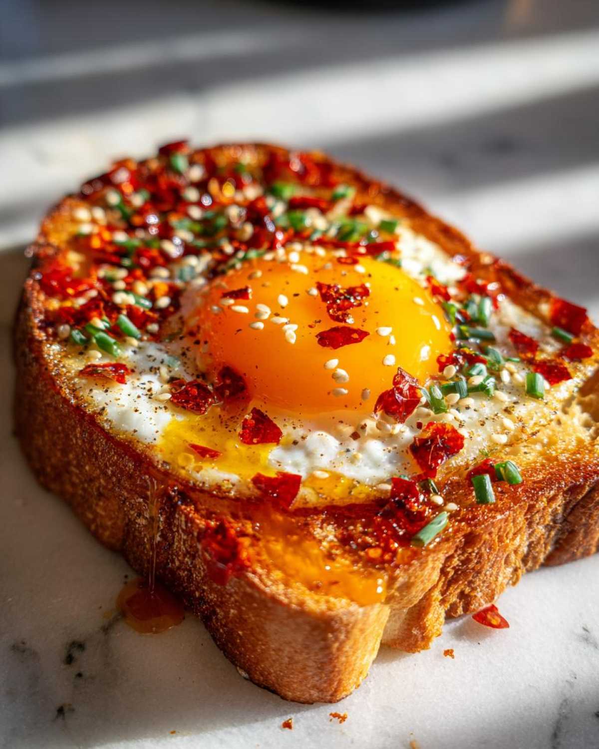 Close-up of Jammy Egg Toast with Chili Crisp, featuring a bright orange yolk, chili flakes, sesame seeds, and chives on thick toast.