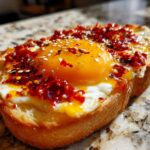 Close-up of Jammy Egg Toast with Chili Crisp, featuring a bright orange yolk and red chili flakes on thick toast.