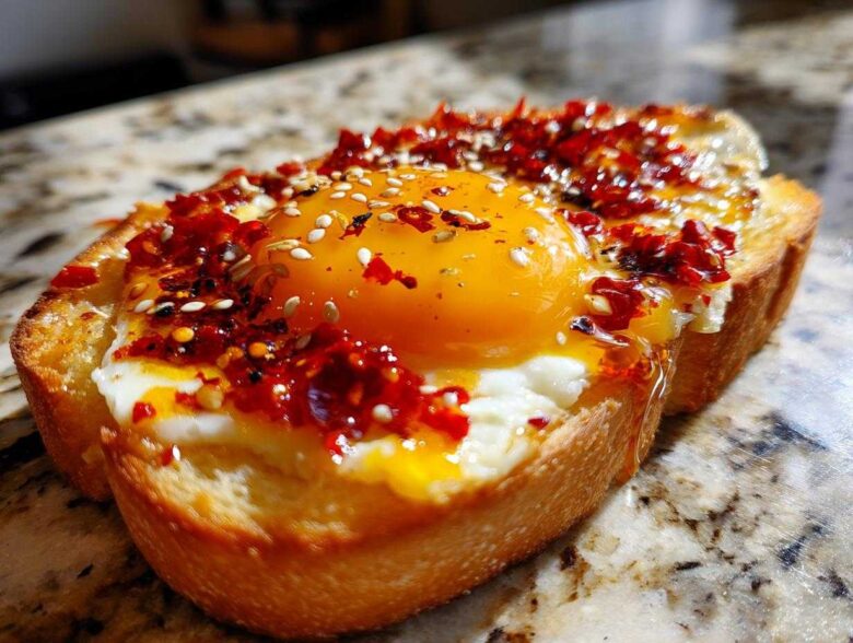 Close-up of Jammy Egg Toast with Chili Crisp, featuring a bright orange yolk and red chili flakes on thick toast.