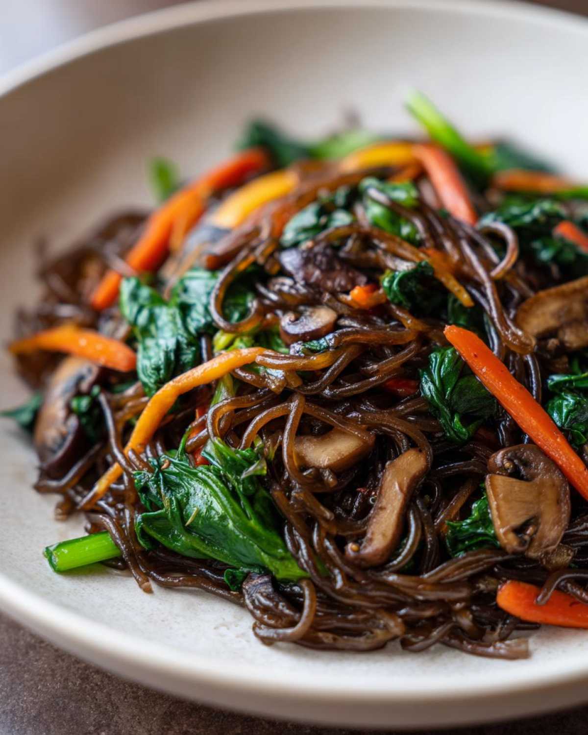 A close-up of glossy Japchae sweet potato noodles mixed with vibrant spinach, sliced mushrooms, and julienned carrots.