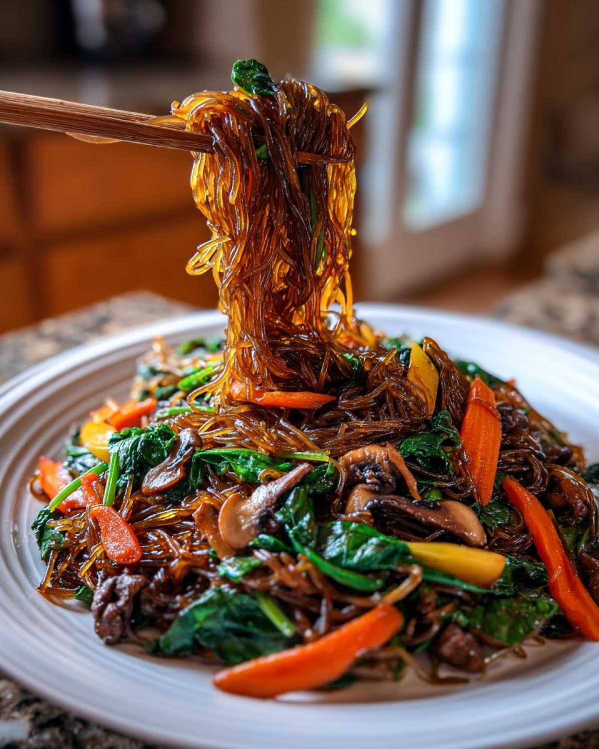 Chopsticks lifting a large portion of glossy Japchae Sweet Potato Noodles mixed with spinach, mushrooms, and carrots.
