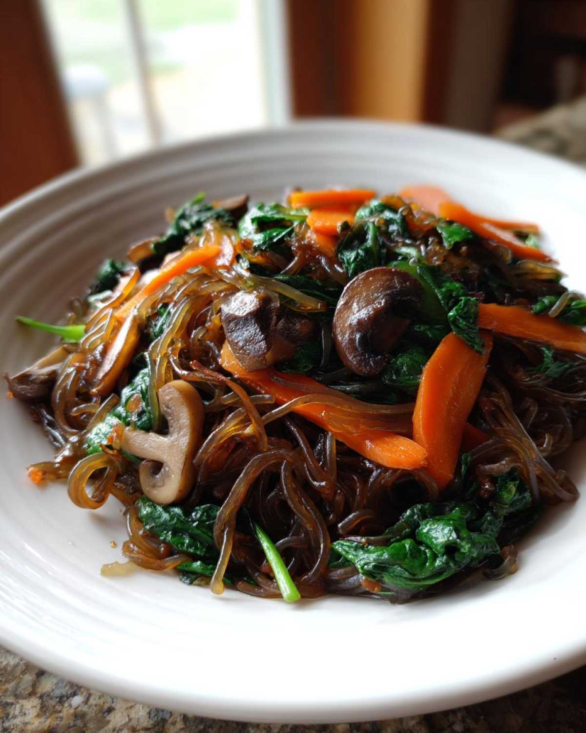 A close-up of a white bowl filled with glossy Japchae Sweet Potato Noodles mixed with sautéed spinach, carrots, and mushrooms.