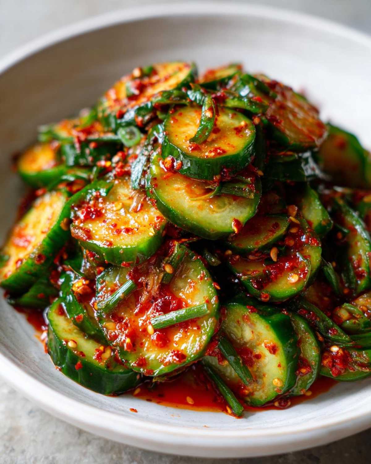 Close-up of vibrant Korean Cucumber Salad Oi Muchim, featuring sliced cucumbers coated in red chili flakes and sauce.
