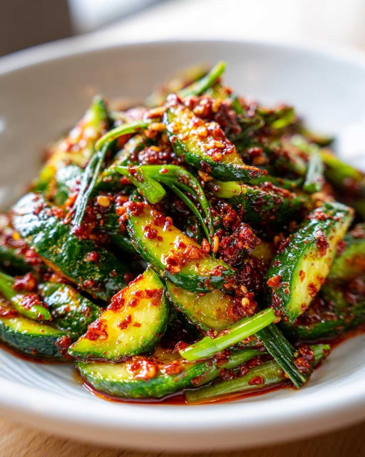 Close-up of vibrant Korean Cucumber Salad Oi Muchim, featuring sliced cucumbers coated in red chili flakes and green onions.