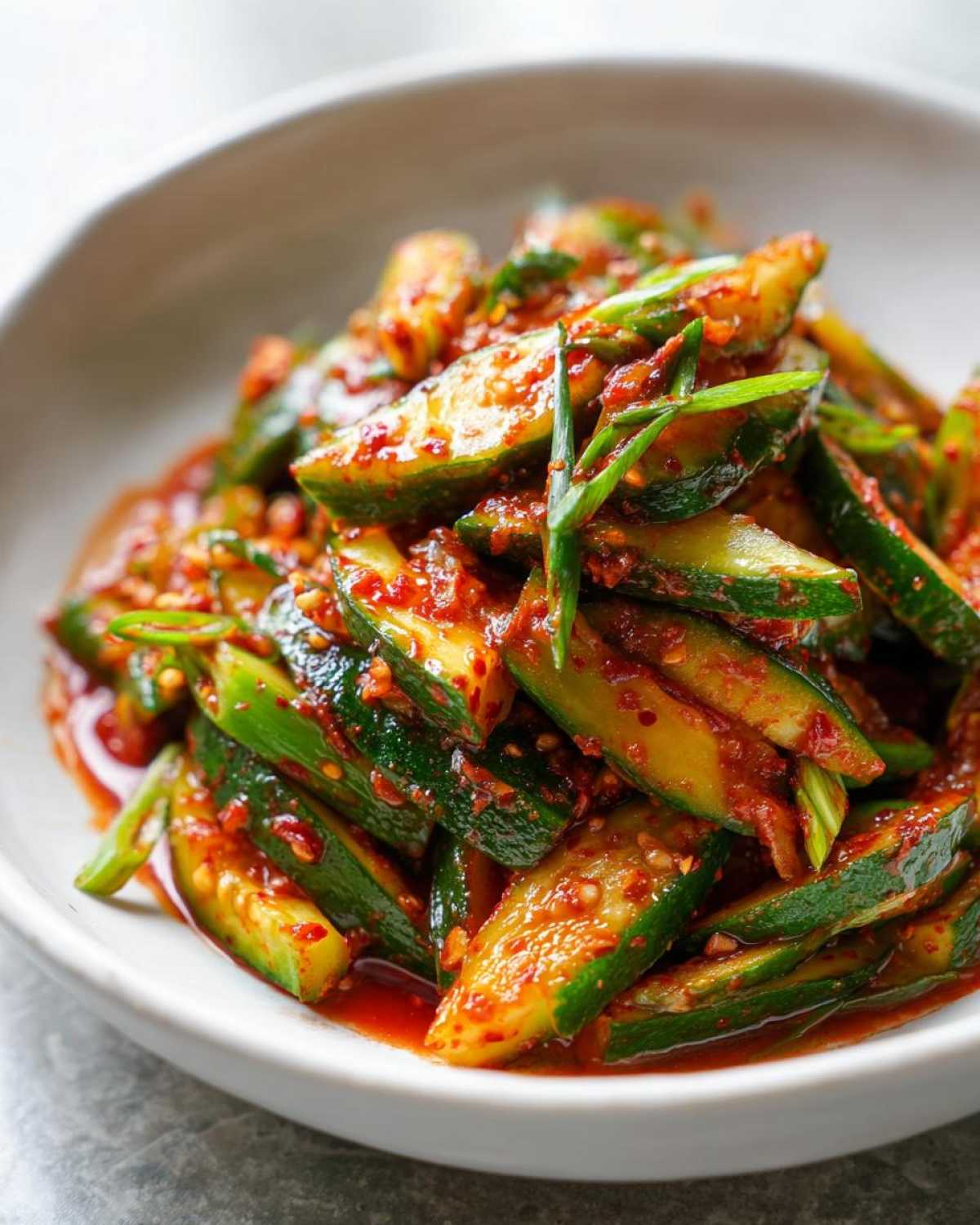 Close-up of vibrant Korean Cucumber Salad Oi Muchim, featuring sliced cucumbers coated in spicy red chili paste and garnished with green onions.