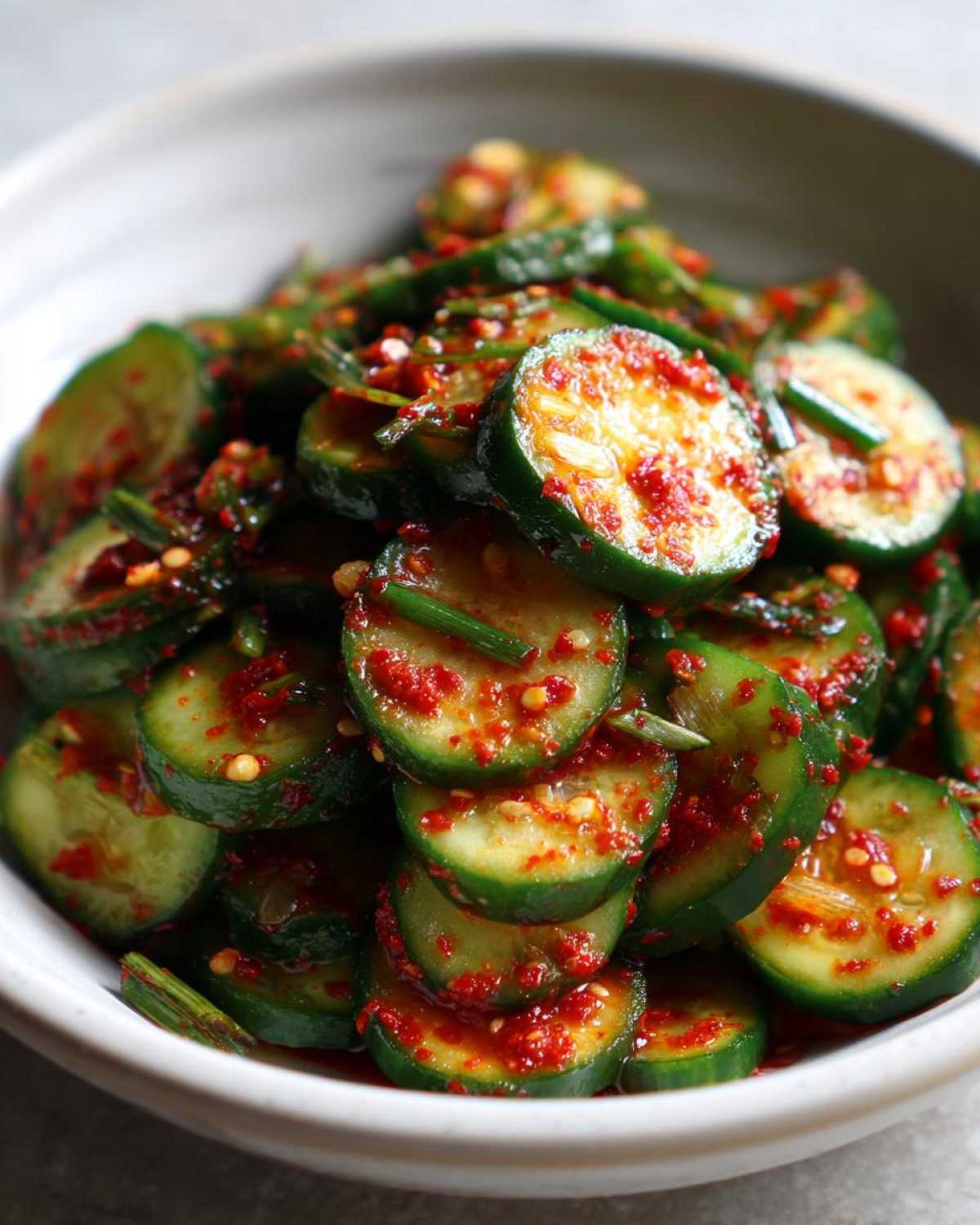 Close-up of vibrant Korean Cucumber Salad Oi Muchim, featuring sliced cucumbers coated in red chili flakes and seasoning.