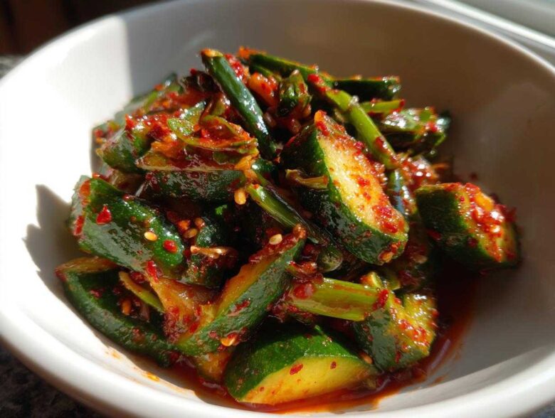 Close-up of vibrant Korean Cucumber Salad Oi Muchim, featuring bright green cucumber chunks coated in spicy red chili flakes and sesame seeds.