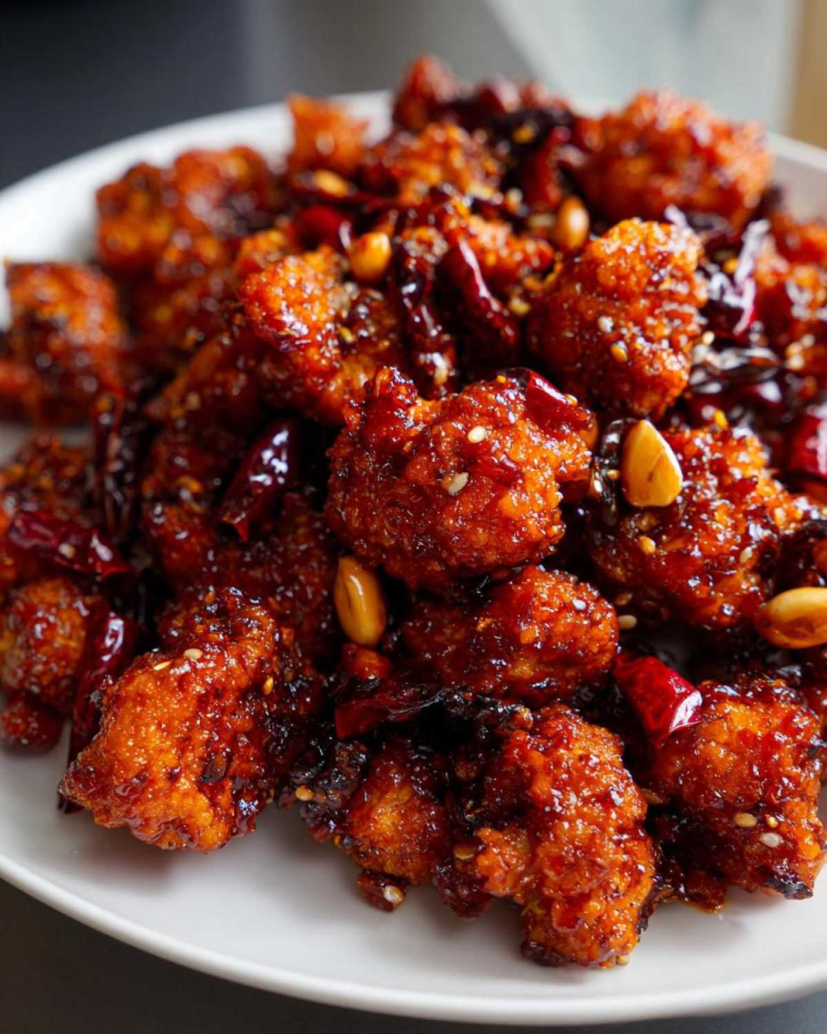 Close-up of crispy, glazed Kung Pao Cauliflower pieces tossed with dried chilies and peanuts on a white plate.