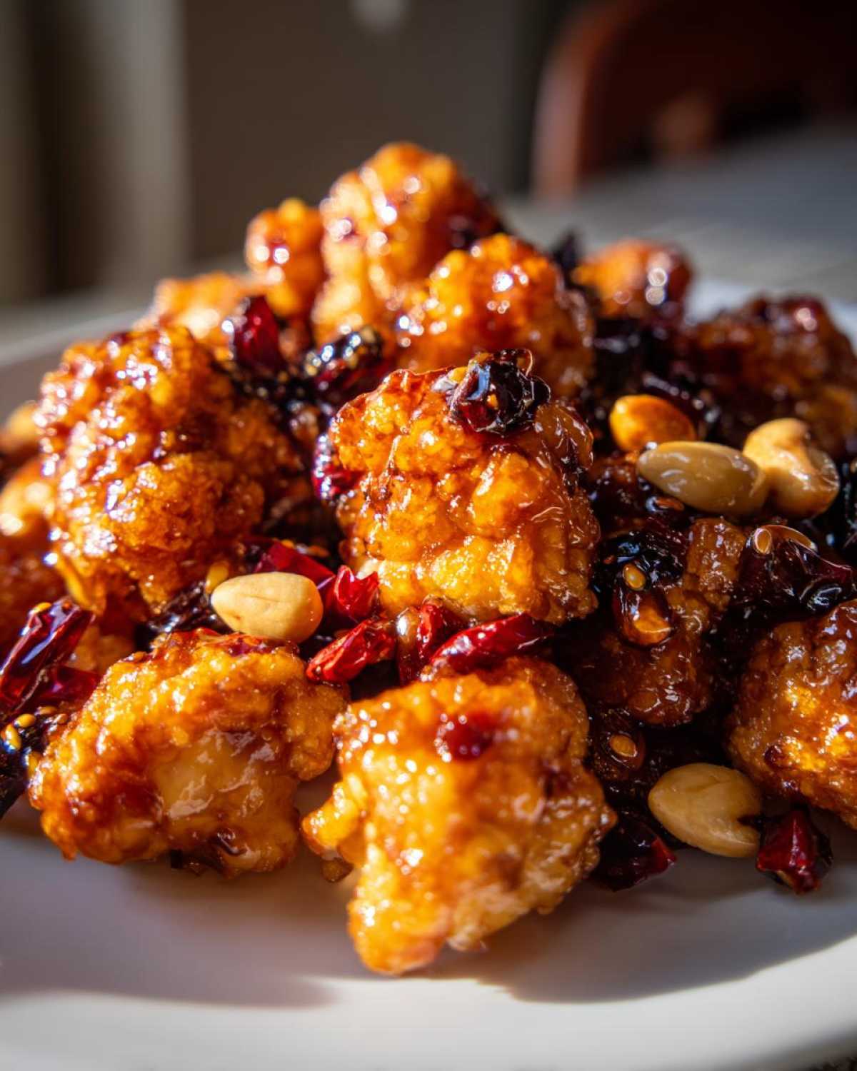 Close-up of crispy, glazed Kung Pao Cauliflower pieces mixed with peanuts and dried red chilies.