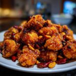 A mound of crispy, glazed Kung Pao Cauliflower pieces mixed with dried red chilies and peanuts on a white plate.