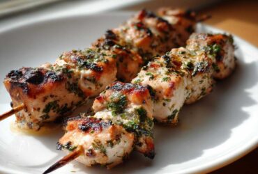 Close-up of juicy Lemon Herb Grilled Chicken Skewers, showing char marks and green herbs on a white plate.