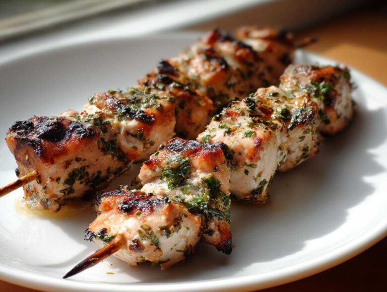 Close-up of juicy Lemon Herb Grilled Chicken Skewers, showing char marks and green herbs on a white plate.