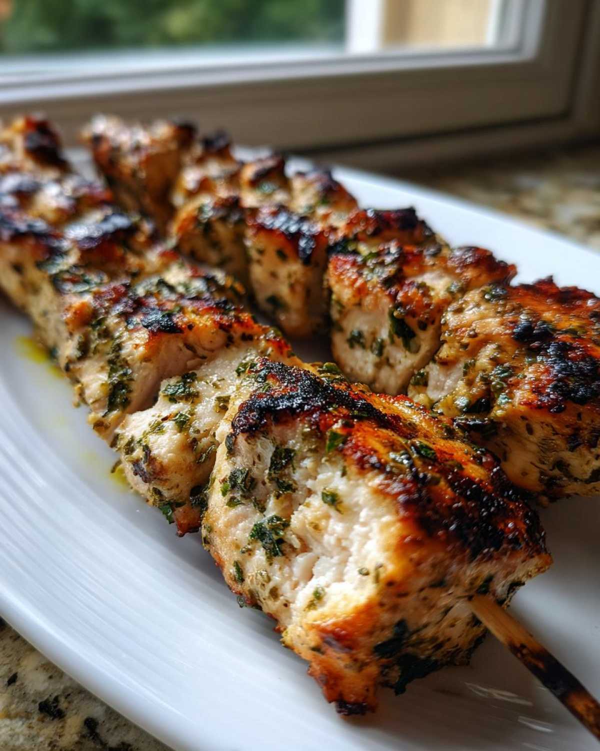 Close-up of juicy Lemon Herb Grilled Chicken Skewers with visible char marks and green herbs on a white plate.