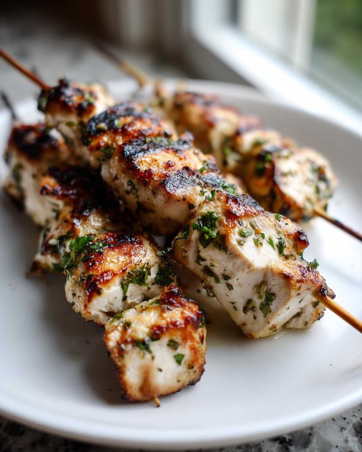 Close-up of perfectly grilled Lemon Herb Grilled Chicken Skewers, showing charred edges and visible green herbs.