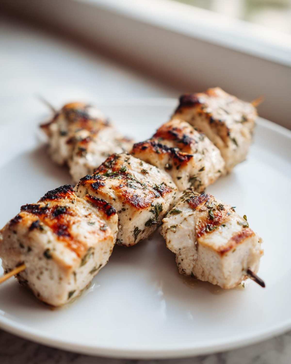 Close-up of perfectly grilled Lemon Herb Grilled Chicken Skewers seasoned with herbs on a white plate.