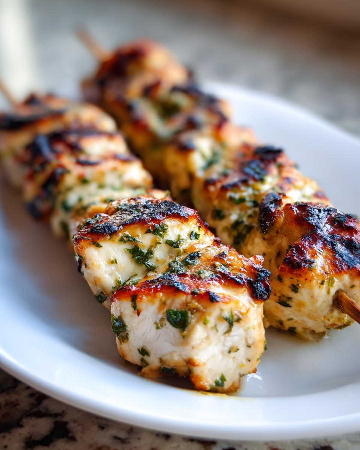 Close-up of perfectly grilled Lemon Herb Grilled Chicken Skewers showing char marks and visible green herbs.