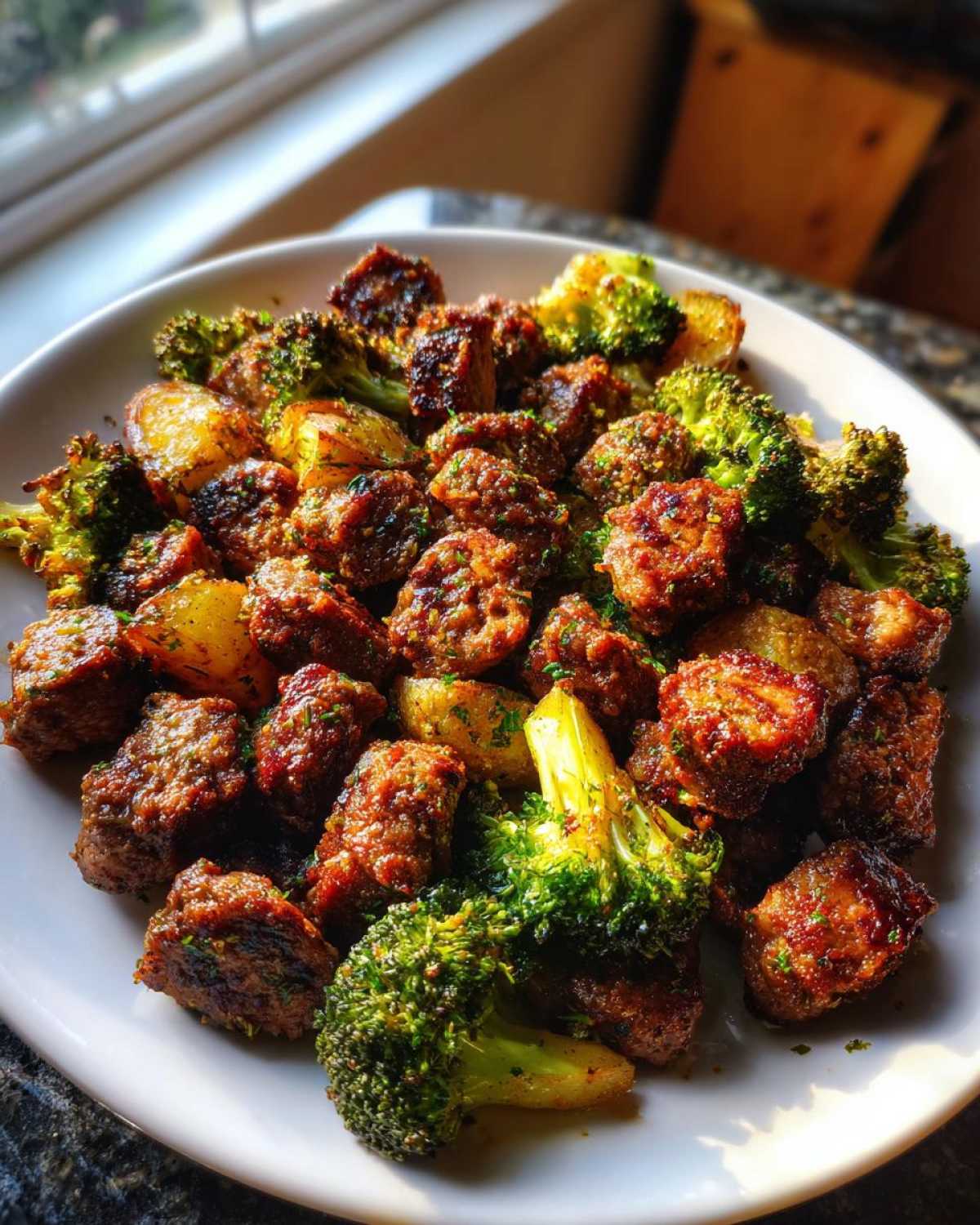 Close-up of a white plate filled with roasted sausage pieces, potatoes, and bright green broccoli florets from the Lemon Herb Sausage Sheet Pan Dinner.